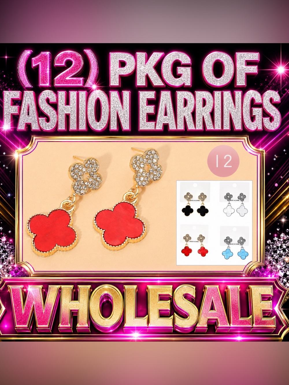 Gold Drop Clover Earrings with Red Enamel Accent